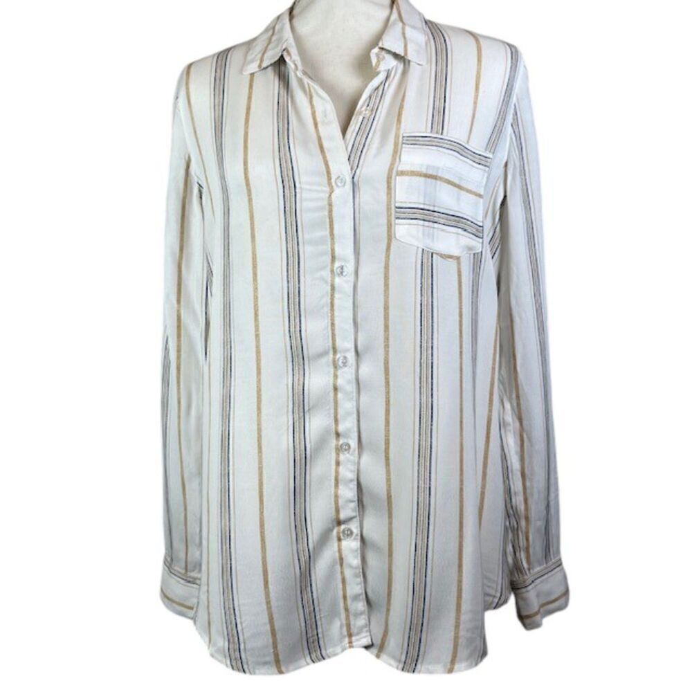 Gentle Fawn Crepe Button Front Shirt Vertical Stripe Pocket White Tan Navy‎ XS